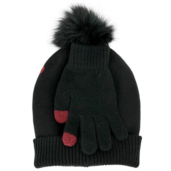 Ed Hardy Women's Black Beanie & Gloves Set With Faux Fur Pom Red Logo NWT - Picture 6 of 8
